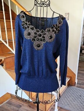 👚august silk Royal Blue Embellished Necklace Dress Top
